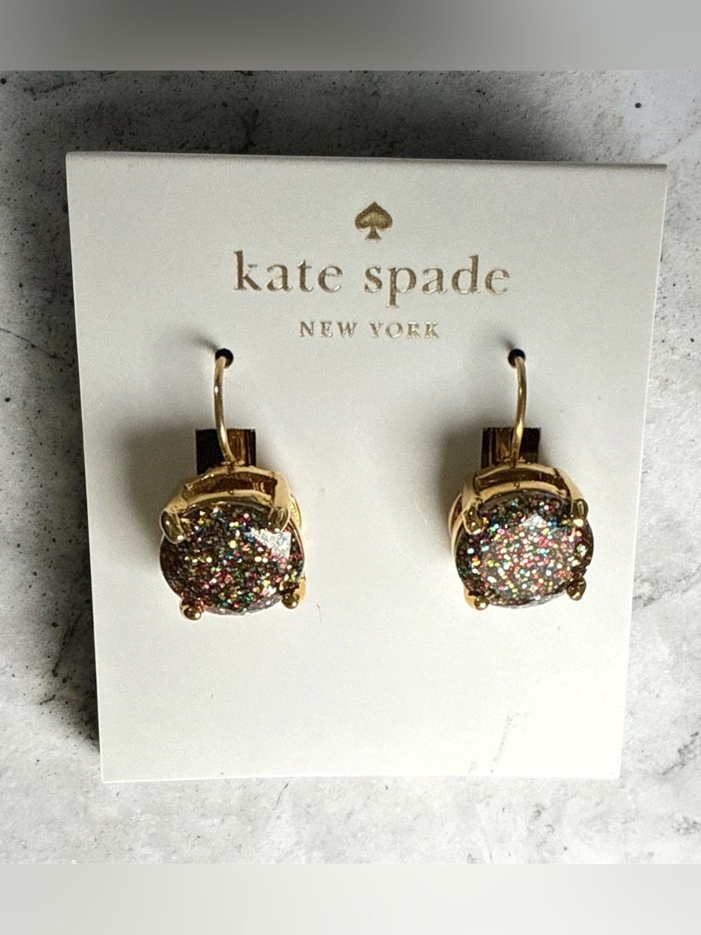 NWT 14k gold filled Kate Spade NY Multi-Color Glitter Drop Leverback earrings